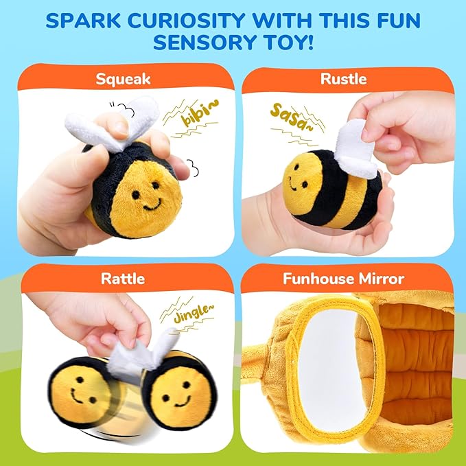 JoyCat Baby Toys 6-12 Months - Soft Baby Beehive with 5 Sensory Bees - Rattle, Crinkle Paper, Squeaker, Mirror, Busy Montessori Soft Toys for Toddlers 0-3 Years Old - Bee Plush Boy Girl Birthday Gift nirvanaguru