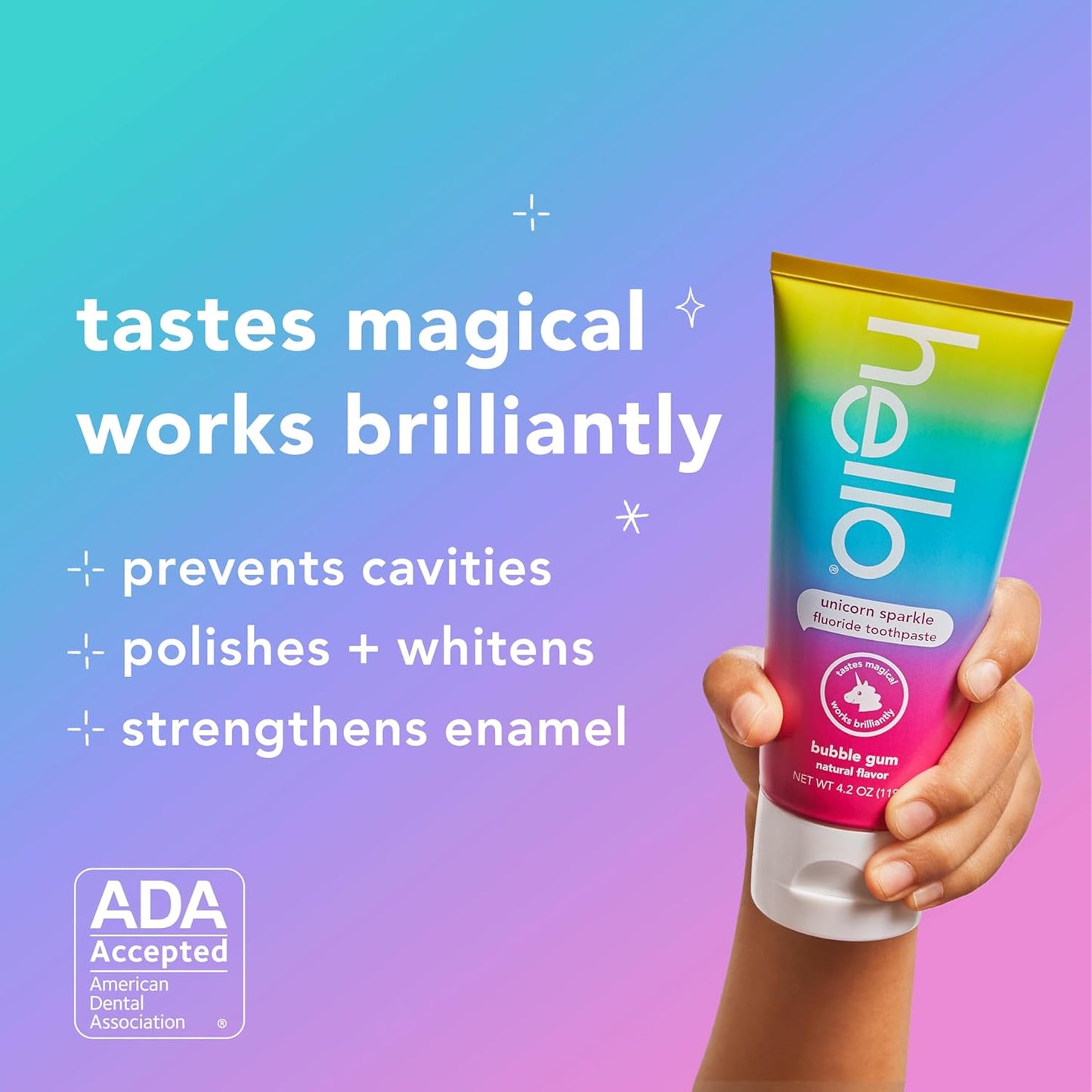 hello Unicorn Sparkle Kids Fluoride Toothpaste, Natural Bubble Gum Flavor, ADA Approved, Ages 2+, No Artificial Sweeteners, No SLS, Gluten Free, Vegan, Pack of 3, 4.2 oz Tubes Nirvana Guru