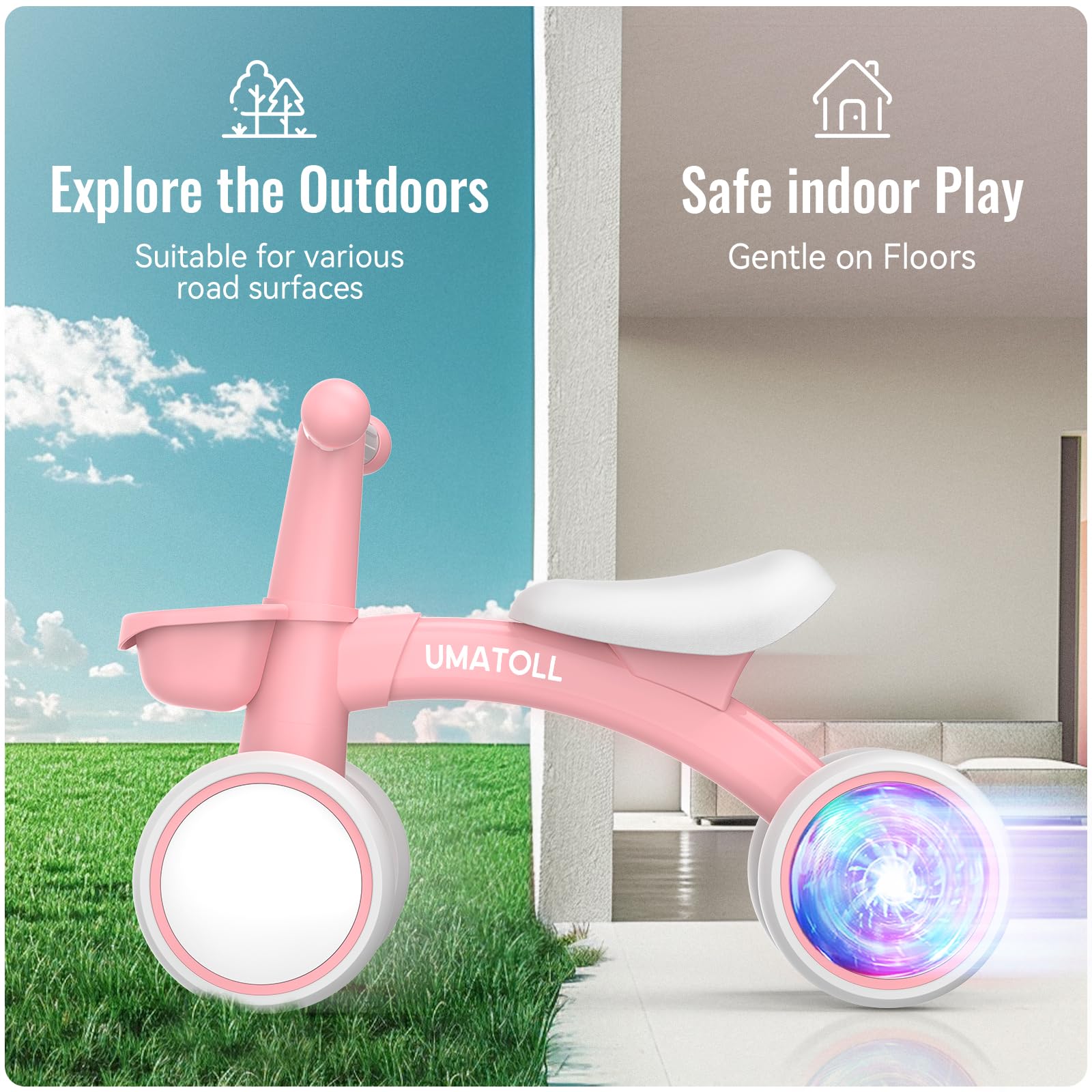 Umatoll Colorful Lighting Baby Balance Bike Toys for 1 Year Old Girls Gifts, Adjustable Seat, 1st Birthday Gifts, 12-24 Months Toddler Bike, Pink Nirvana Guru