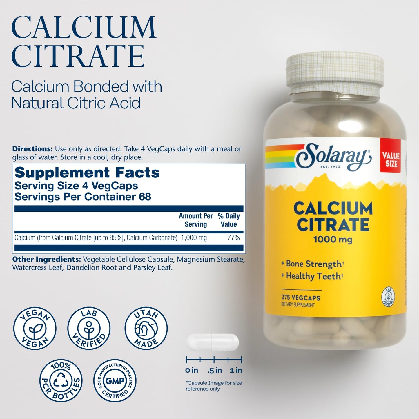 Solaray Calcium Citrate 1000mg - Chelated Calcium Supplement - Supports Bone Strength and Healthy Teeth - Easy to Digest - 60-Day Guarantee, Vegan - 68 Servings, 275 VegCaps Nirvana Guru