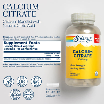 Solaray Calcium Citrate 1000mg - Chelated Calcium Supplement - Supports Bone Strength and Healthy Teeth - Easy to Digest - 60-Day Guarantee, Vegan - 68 Servings, 275 VegCaps Nirvana Guru