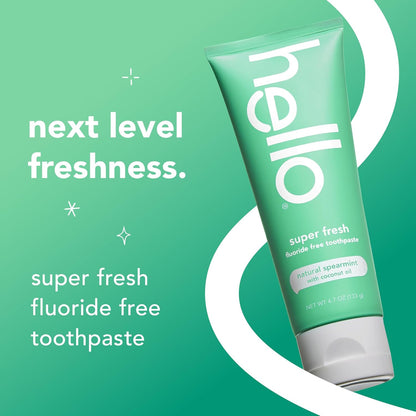 hello Super Fresh Fluoride Free Toothpaste, Toothpaste for Bad Breath, Helps Remove Surface Stains, Natural Spearmint, 3 Pack, 4.7 Oz Tubes Nirvana Guru
