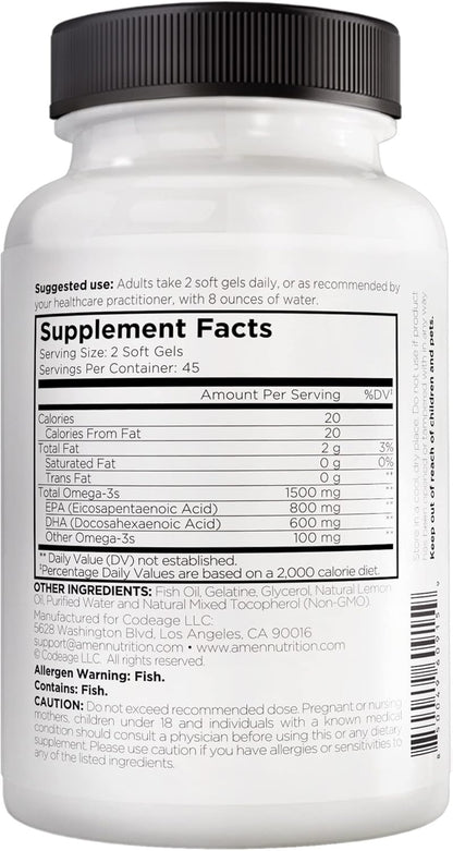 Amen Omega-3 Supplement - 1500mg High-Potency Daily Omega 3 - EPA and DHA Fatty Acids Fish Oil - 45-Day Supply - Fatty Acid Supplements - Fish Oil Pills - Non-GMO - 90 Soft Gels Capsules Nirvana Guru