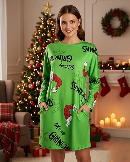 MOUSYA Women Dress Shirt Christmas Long Sleeve Tops Santa Printed Pullover Loose Plus Size T-Shirt Blouse with Pockets nirvanaguru