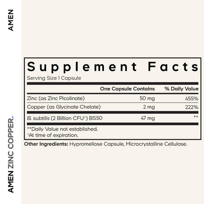 Amen Zinc & Copper Supplement + Probiotics, 3 Months Supply, One Per Day - 50 mg Zinc Picolinate Vitamin Pills - Essential Minerals Supplements – 2 Billion CFUs Probiotic – Vegan, Non-GMO, 90 Capsules Nirvana Guru