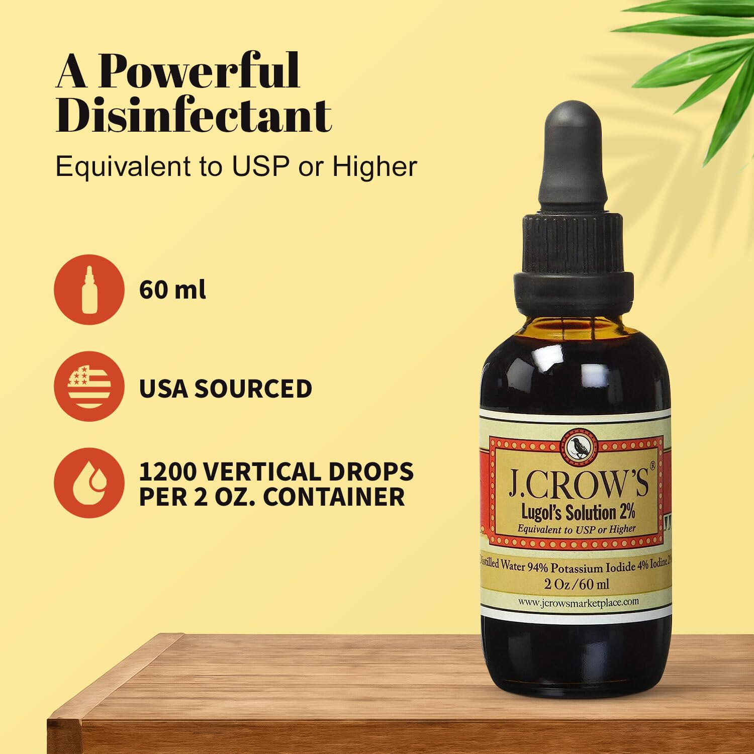 J.CROW'S® Lugol's Solution of Iodine 2% 2 oz (1 Bottle) – Premium Potassium Iodide Liquid, Supports Thyroid & Energy, Gluten &, Alcohol-Free Natural Brine Extract, No Expiration Nirvana Guru