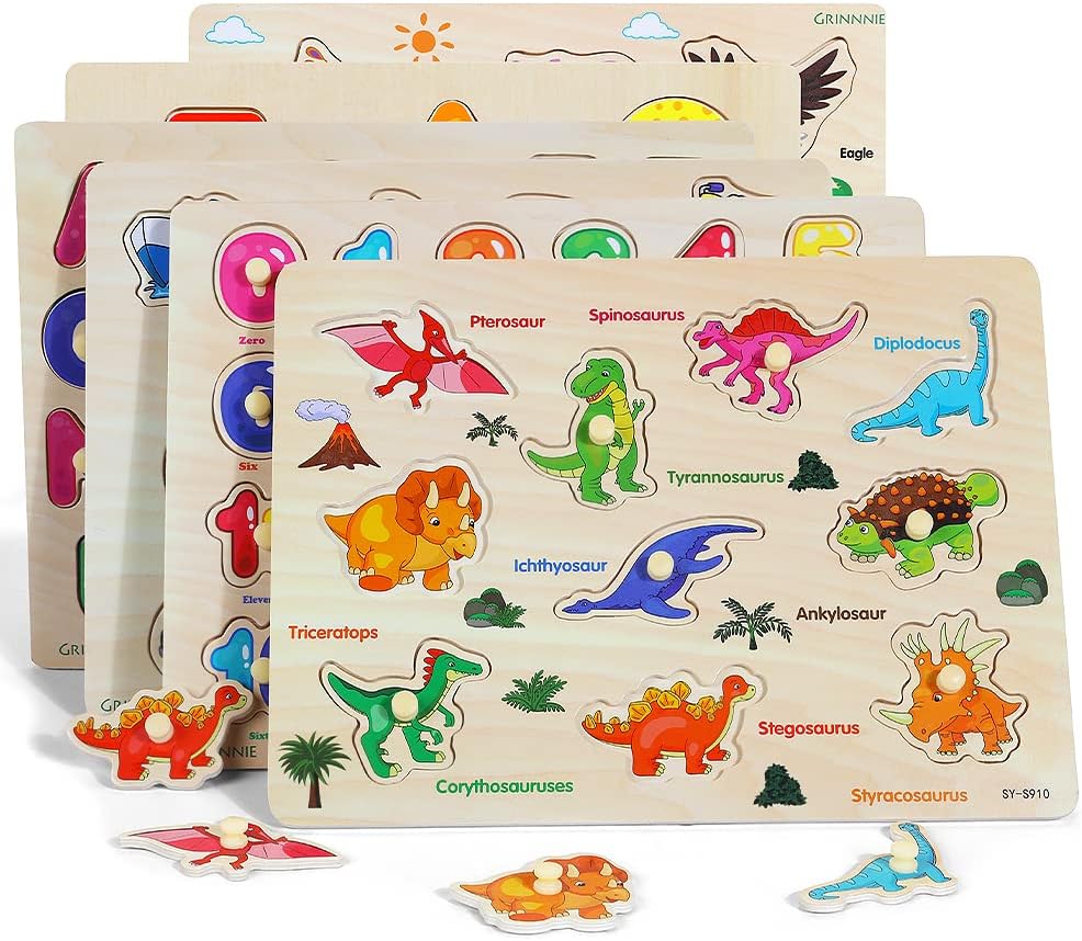 GRINNNIE Wooden Peg Puzzle for Toddlers, 6 Pack Toddler Puzzles Set for 3 4 5 Years Old (Alphabet Number Shape Animal Dinosaur Vehicle), Preschool Education Learning Puzzle Toys for Girls and Boys nirvanaguru