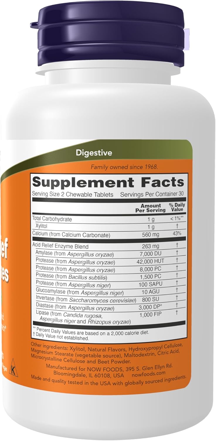 NOW Foods Supplements, Acid Relief with Enzymes, Xylitol Sweetened, Digestive Health*, 60 Chewables - Nirvana Guru