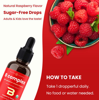 USDA Organic Vitamin B Complex Liquid Drops | B Vitamins Complex Supplement with B1, B2, B3, B6, B7, B9 & Methyl B12 Drops for Adults & Kids | Vegan Berry Flavor 2oz | 60 Servings / 2 Month Supply Nirvana Guru