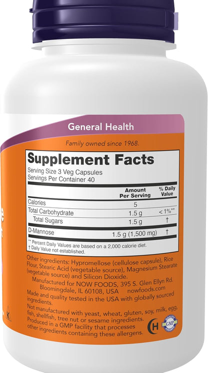 NOW Foods Supplements, D-Mannose 500 mg, Non-GMO Project Verified, Healthy Urinary Tract*, 120 Veg Capsules - Nirvana Guru