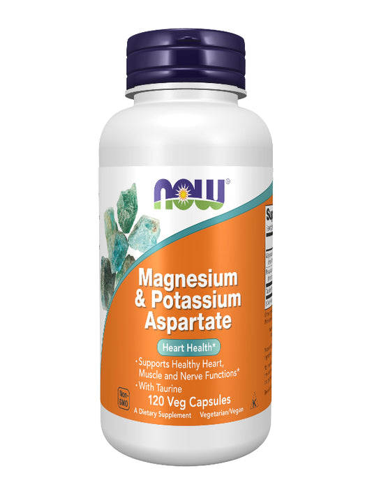 NOW Foods Supplements, Magnesium & Potassium Aspartate with Taurine, Heart Health*, 120 Veg Capsules - Nirvana Guru