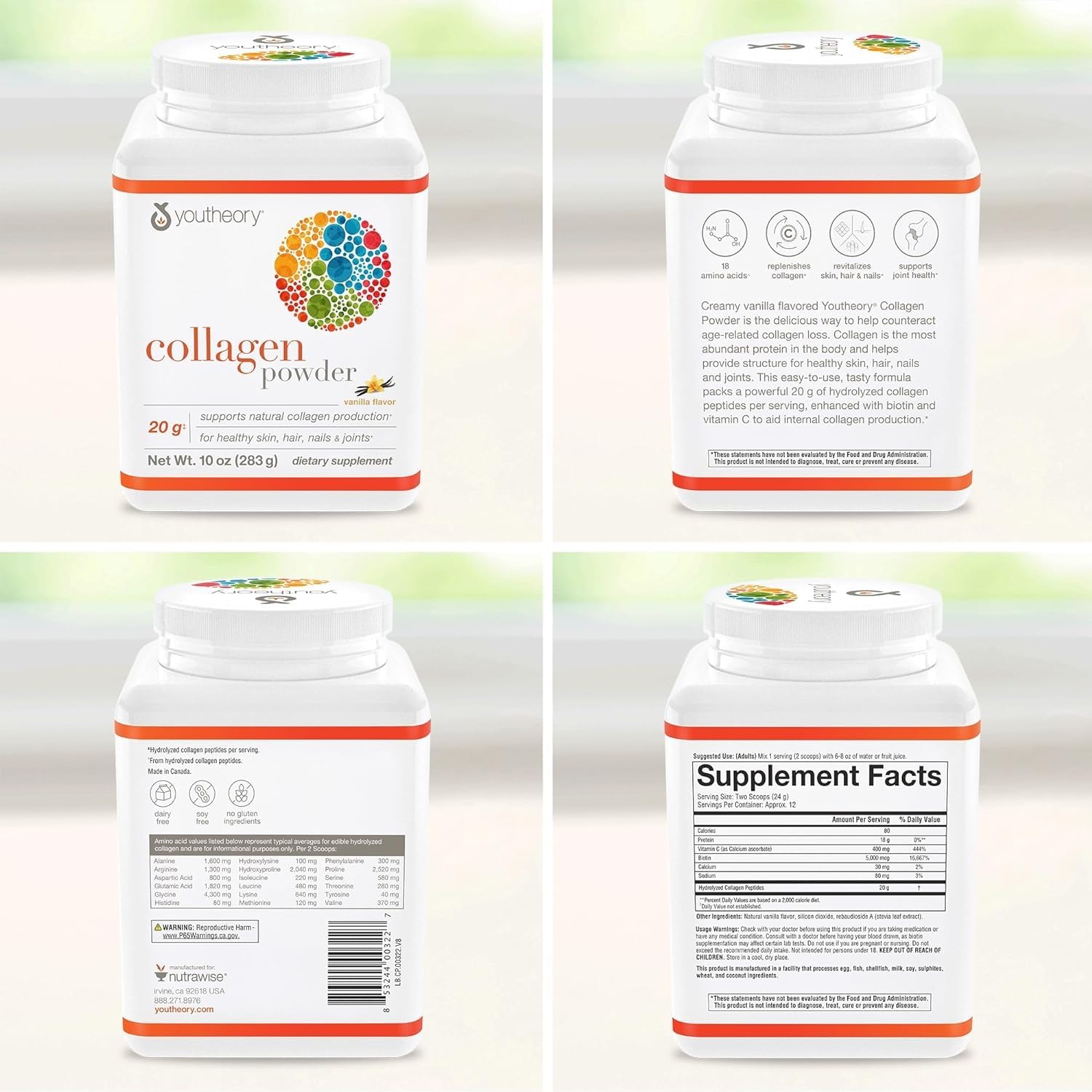 Youtheory Collagen Powder - Premium Collagen Supplement with Vitamin C & Biotin - Healthy Hair, Nails, Skin & Joints* - Hydrolyzed & Highly Absorbable - Dairy & Gluten Free - Unflavored - 10 oz - Nirvana Guru