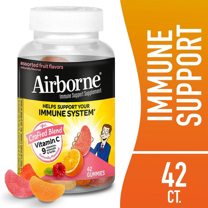 Airborne 750mg Vitamin C Immune Support Supplement Gummies for Adults, Assorted Fruit Flavor, Gluten Free Crafted Blend with Powerful Antioxidants Vitamins A C & E, 42 Gummies (2 Pack) Nirvana Guru