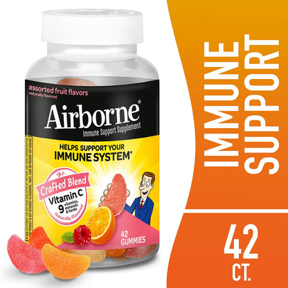 Airborne 750mg Vitamin C Immune Support Supplement Gummies for Adults, Assorted Fruit Flavor, Gluten Free Crafted Blend with Powerful Antioxidants Vitamins A C & E, 42 Gummies (4 Pack) Nirvana Guru