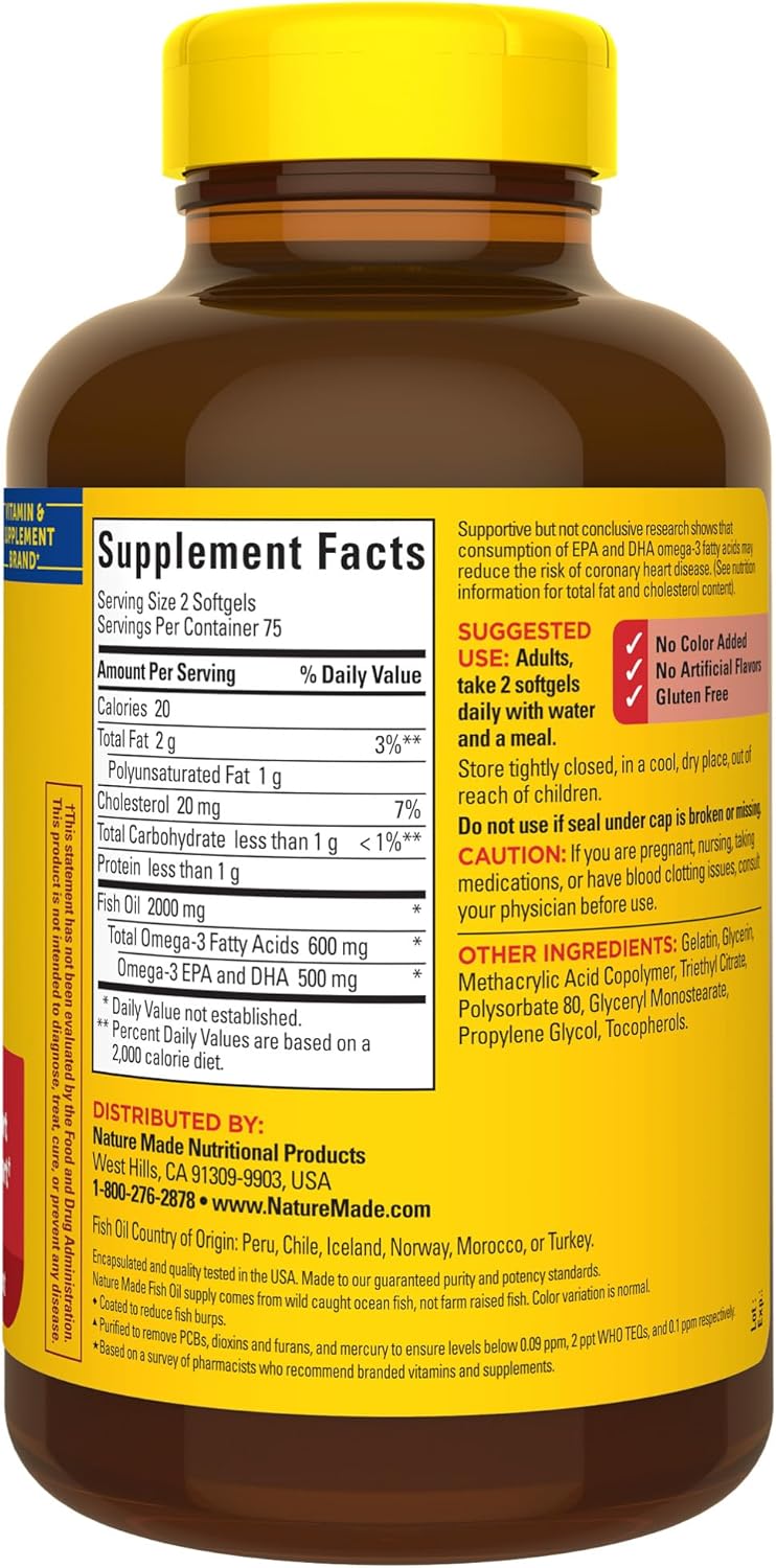 Nature Made Burp Less Fish Oil Omega 3 Supplements, 1000mg Softgels, Omega 3 Fish Oil Supplements for Healthy Heart Support, 320 Softgels, 160 Day Supply - Nirvana Guru