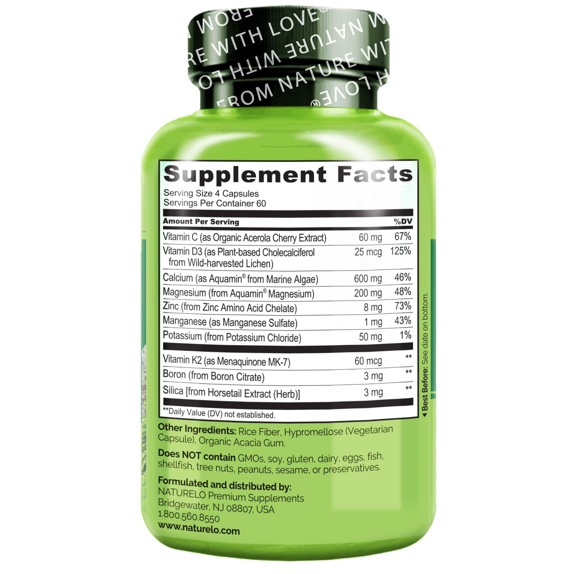 NATURELO Calcium Supplement - with Vitamin C, Vitamin D3, K2, and Calcium Magnesium Zinc for Bone Strength with Calcium 600mg - Plant-Based, 120 Vegetarian Capsules, Non-GMO, Soy & Gluten-Free Nirvana Guru