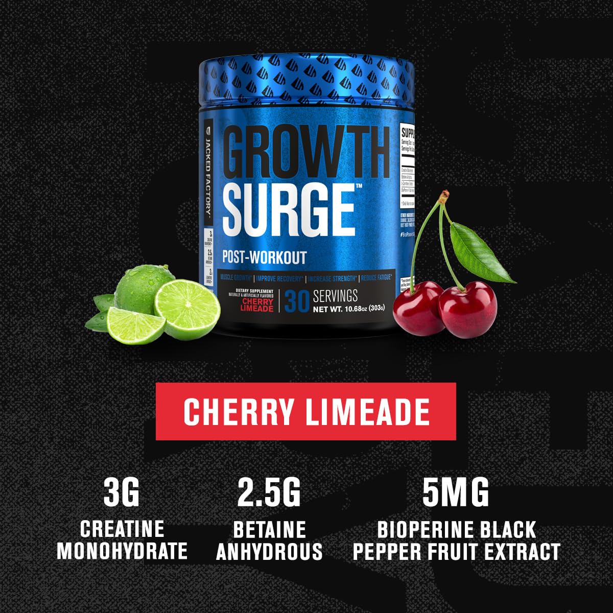 Jacked Factory Growth Surge Creatine Post Workout w/L-Carnitine - Daily Muscle Builder & Recovery Supplement with Creatine Monohydrate, Betaine, L-Carnitine L-Tartrate - 30 Servings, Swoleberry Nirvana Guru