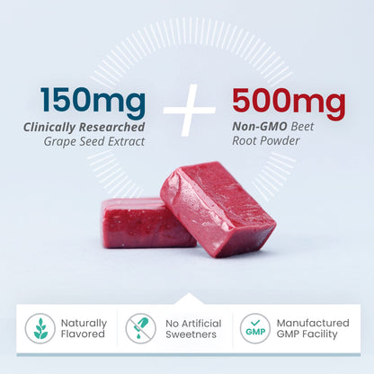 HumanN SuperBeets Heart Chews, Nitric Oxide and Blood Pressure Support, Grape Seed Extract & Non-GMO Beet Root Powder Energy, Pomegranate Berry Flavor, 120 Count - Nirvana Guru