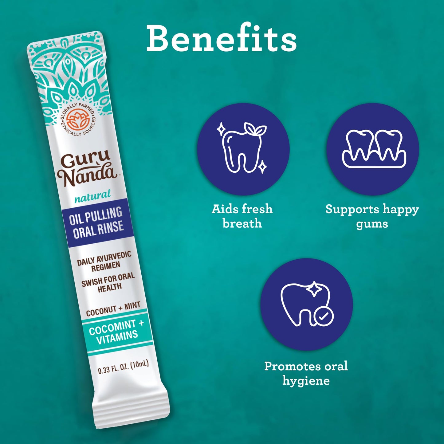 GuruNanda Travel Sachets Coconut Oil Pulling, Fresh Breath Mouthwash, 7 Essential Oils & Vitamins for Happy Teeth & Gums, 28 Sachets Nirvana Guru