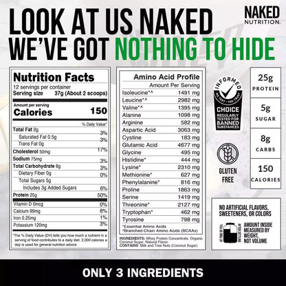 NAKED Whey Vanilla Protein Powder - Only 3 Ingredients - Grass Fed Whey Protein Powder, Vanilla Flavor, and Organic Coconut Sugar, No GMO, No Soy, and Gluten Free - 24 Servings