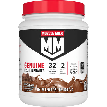 Muscle Milk Genuine Protein Powder, Chocolate, 1.93 Pounds, 13 Servings, 32g Protein, 2g Sugar, Calcium, Vitamins A, C & D, NSF Certified for Sport, Energizing Snack, Packaging May Vary Nirvana Guru