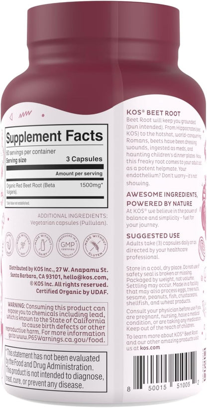 KOS Organic Beet Root Capsules 1500mg - Superfood Powder - Supports Healthy & Active Lifestyle - 180 Capsules - Nirvana Guru