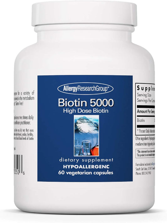 Allergy Research Group Biotin 5000 Supplement - 5000mcg Biotin, Vitamins for Hair, Skin and Nails, High Dose, Vegetarian Capsules, Hypoallergenic, Gluten Free - 60 Count Nirvana Guru