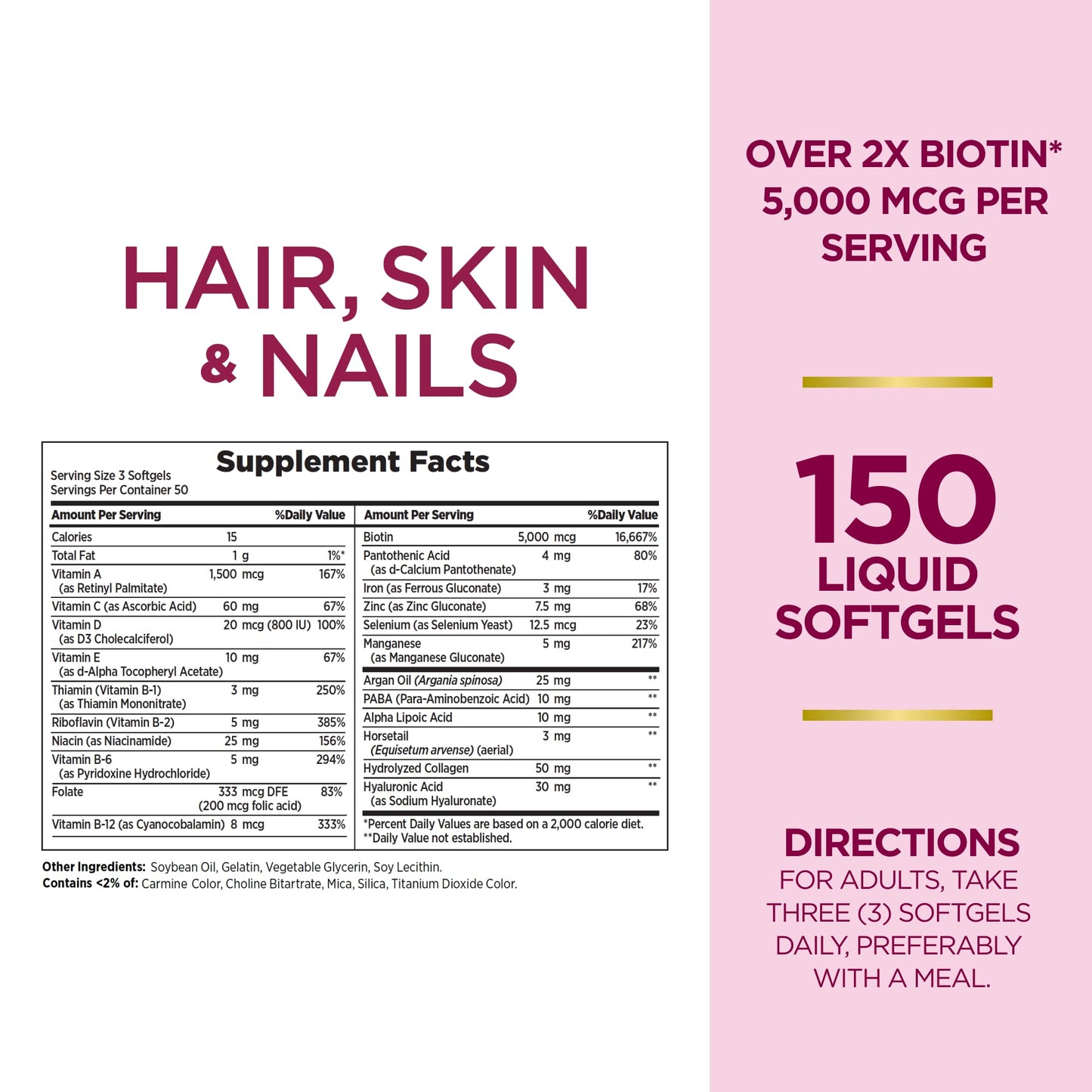 Nature's Bounty Advanced Hair, Skin & Nails, Argan-Infused Vitamin Supplement with Biotin and Hyaluronic Acid, 150 Rapid Release Softgels, 50 Total Servings