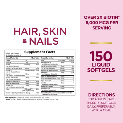 Nature's Bounty Advanced Hair, Skin & Nails, Argan-Infused Vitamin Supplement with Biotin and Hyaluronic Acid, 150 Rapid Release Softgels, 50 Total Servings