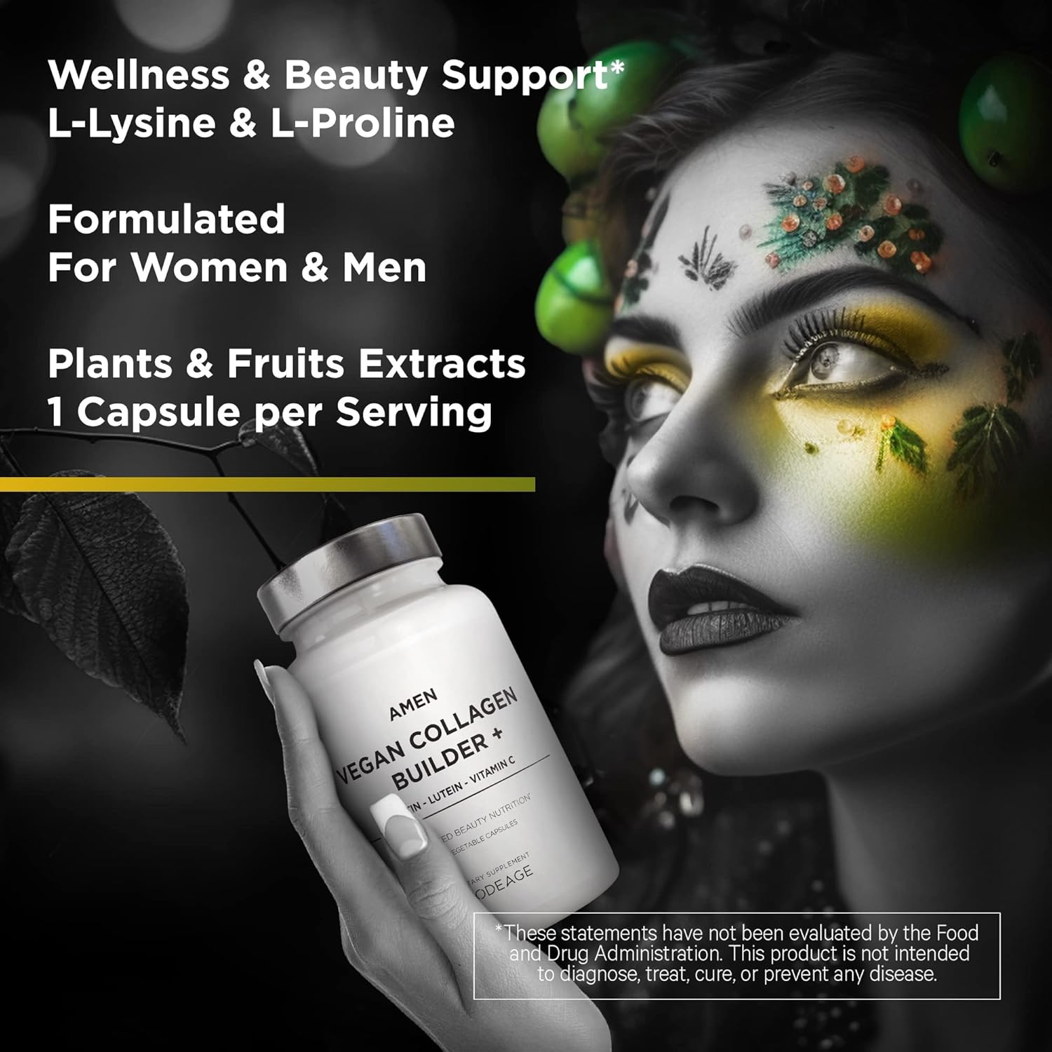 Amen Plant-Based Vegan Collagen Builder Supplement - Organic Whole Foods, Lutein, Vitamin C, Biotin, Lysine, Proline Collagen Boosters - Organic Cranberry, Lemon, Strawberry - Once A Day - 30 Capsules Nirvana Guru