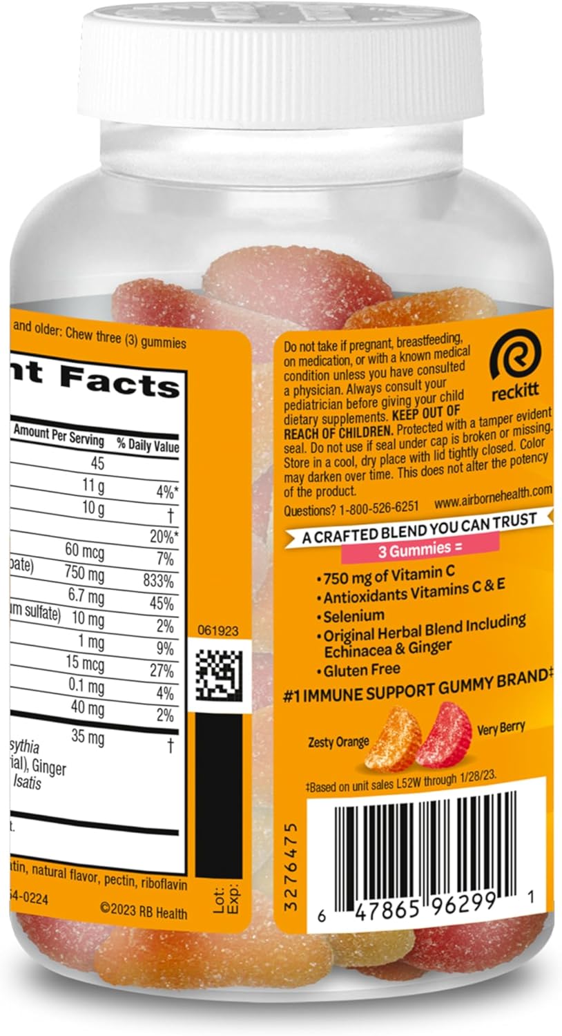 Vitamin C 750mg (per Serving) - Airborne Assorted Fruit Flavored Gummies (63 Count in a Bottle), Gluten-Free Immune Support Supplement with Vitamins A C E, Selenium, Echinacea & Ginger Nirvana Guru