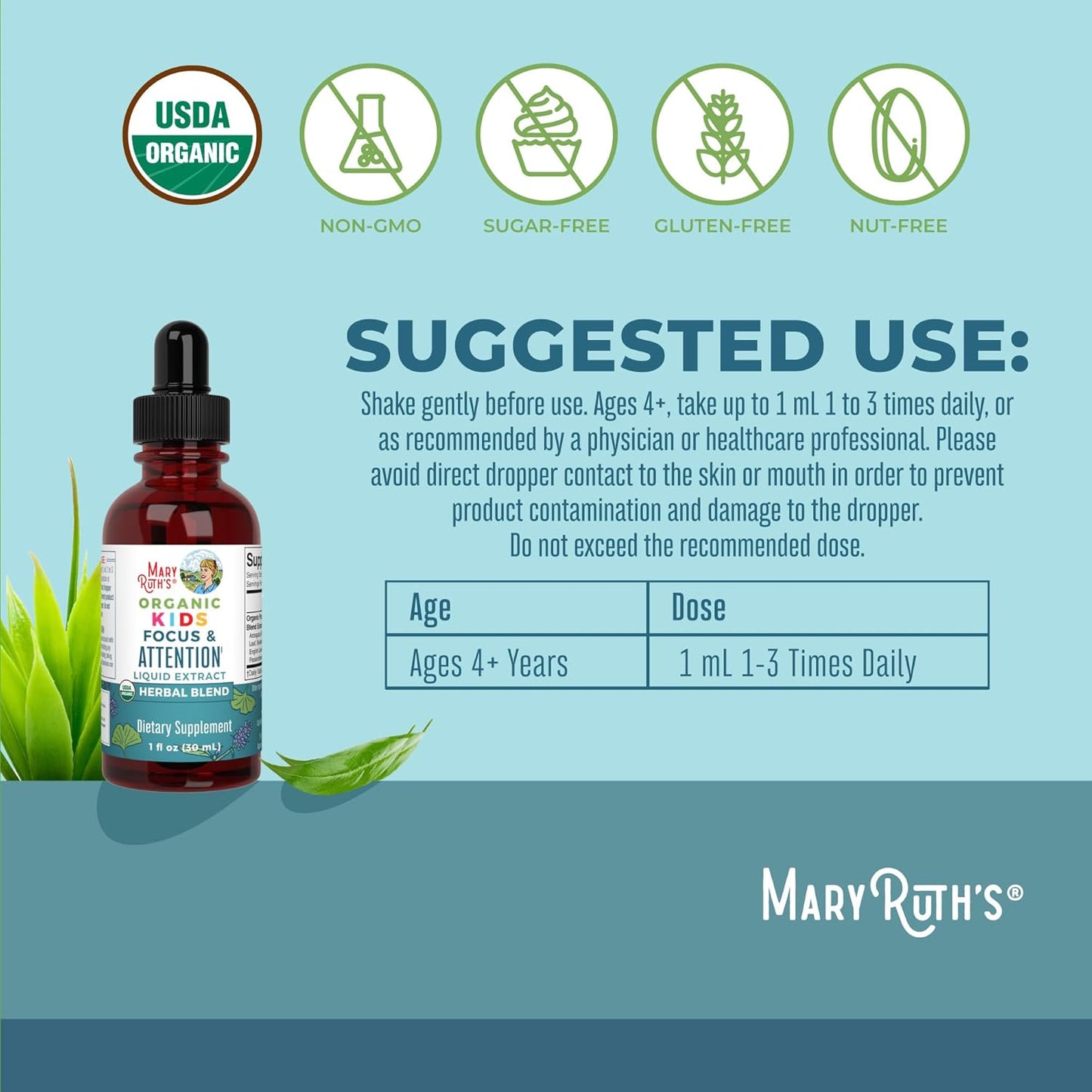 MaryRuth Organics Kids Brain Supplements for Memory and Focus, USDA Organic Drops with Ginkgo Biloba, Rhodiola Root & Licorice Root, Focus & Attention, Calm, Vegan, Non-GMO, Gluten Free, 30 Servings - Nirvana Guru