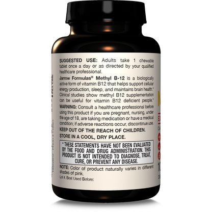 Jarrow Formulas Extra Strength Methyl B-12, Dietary Supplement for Cellular Energy Production, 100 Lemon-Flavored Chewable Tablets, Up to a 100 Day Supply - Nirvana Guru