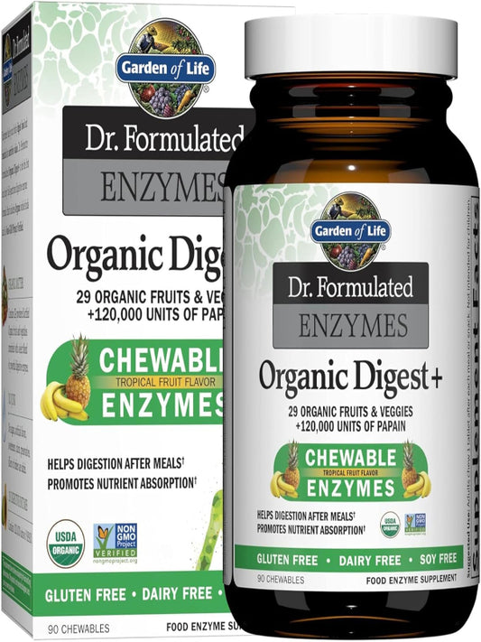 Garden of Life Dr Formulated Digestive Enzymes with Papain, Bromelain, Lipase for Digestion & Nutrient Absorption – Organic Digest+ - Vegan, Gluten-Free, Non-GMO, Tropical Fruit Flavor, 90 Chewables - Nirvana Guru