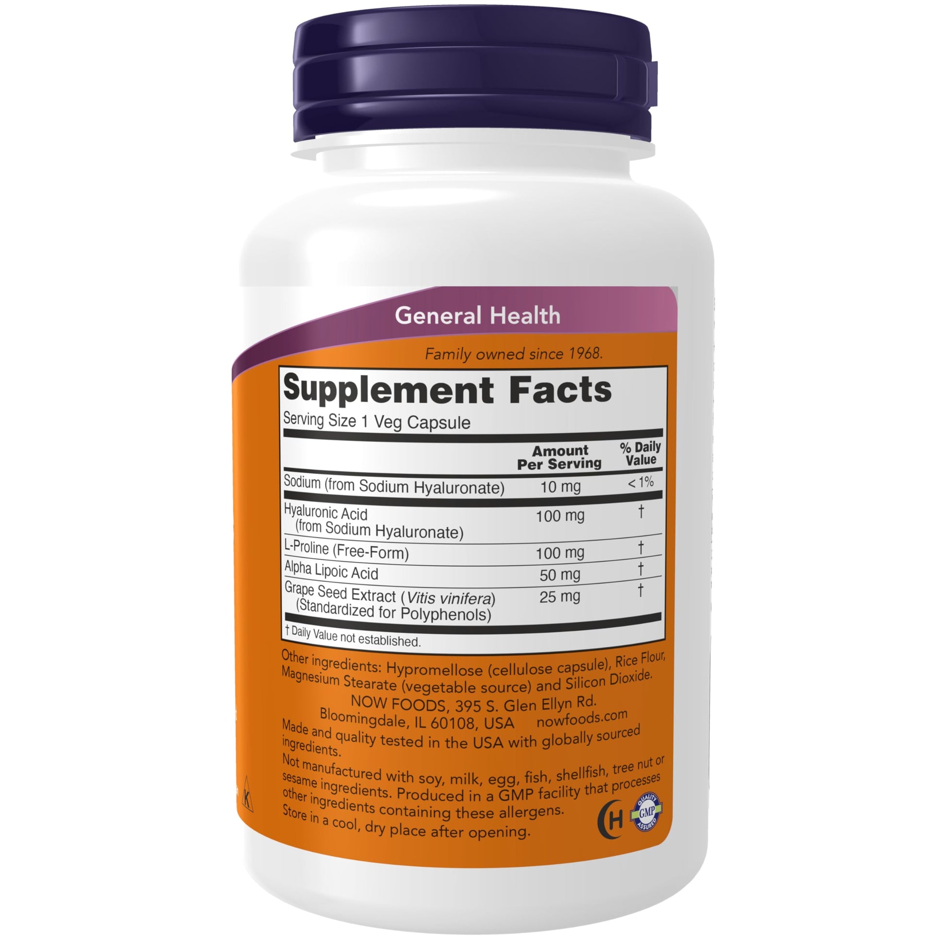 NOW Foods Supplements, Hyaluronic Acid 100 mg, Double Strength with L-Proline, Alpha Lipoic Acid and Grape Seed Extract, 120 Veg Capsules - Nirvana Guru