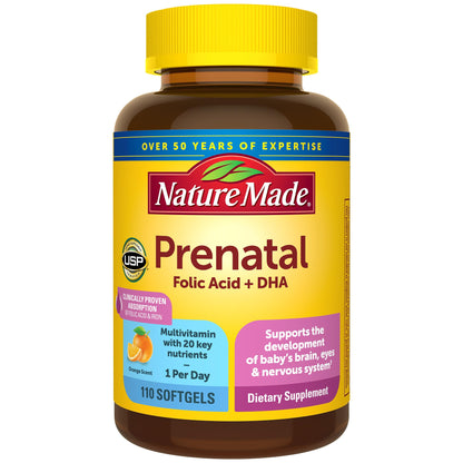 Nature Made Prenatal with Folic Acid + DHA, Prenatal Vitamin and Mineral Supplement for Daily Nutritional Support, 110 Softgels, 110 Day Supply - Nirvana Guru