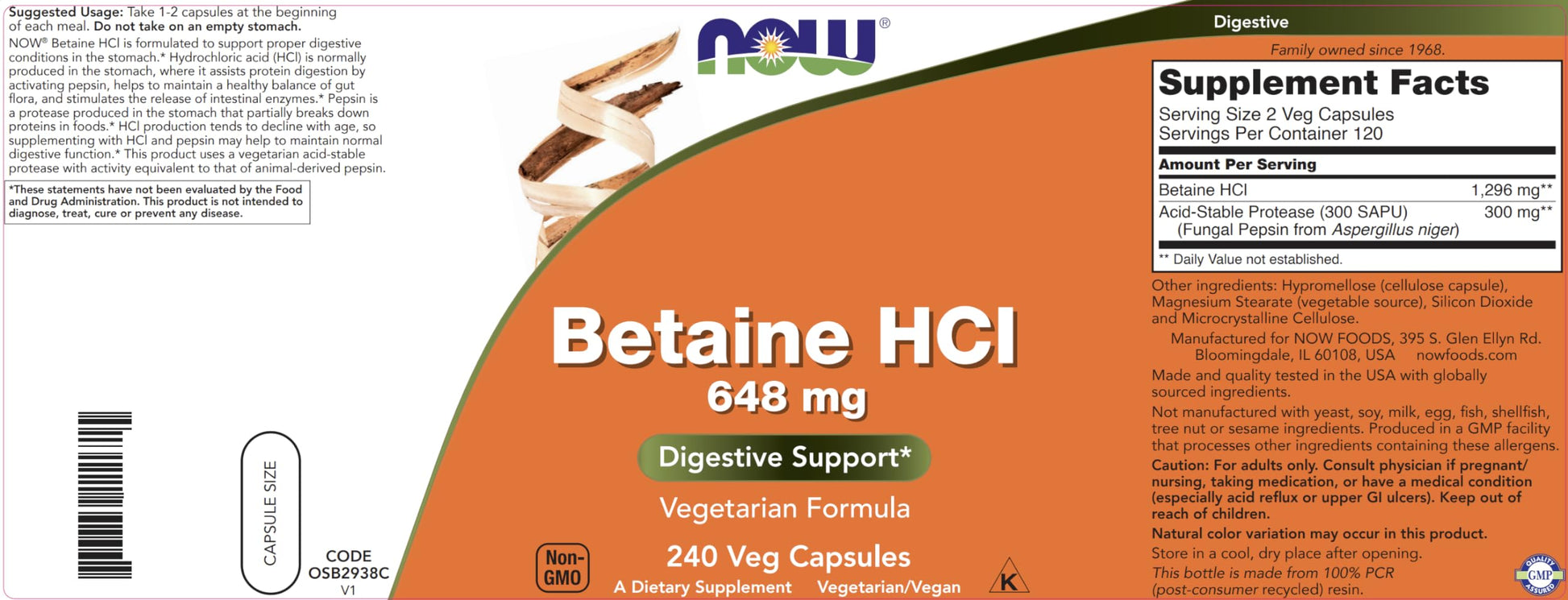 NOW Foods Supplements, Betaine HCl 648 mg, Vegetarian Formula, Digestive Support*, 120 Veg Capsules - Nirvana Guru