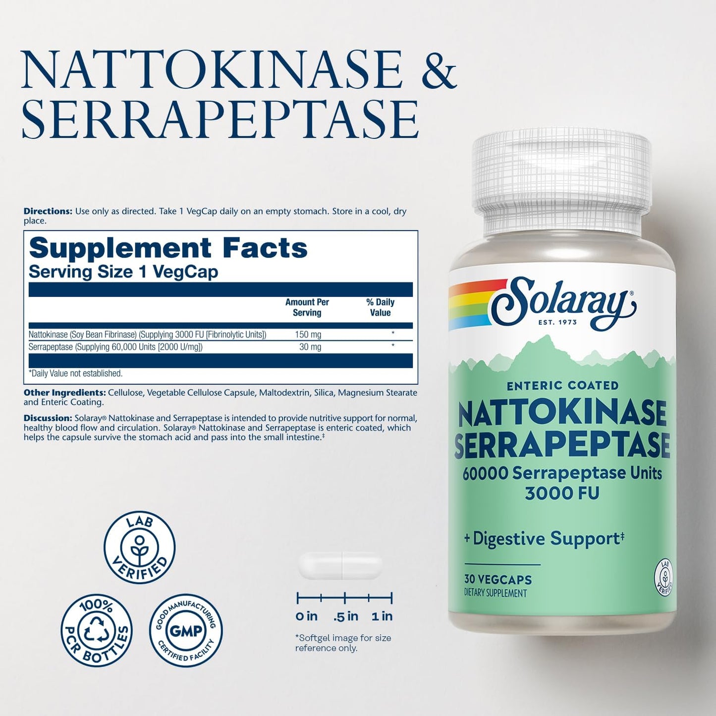 SOLARAY Nattokinase Serrapeptase Supplement - Enteric Coated - 3000 FU Nattokinase Supplement - Circulation, Cardiovascular, Sinus Support - Lab Verified, 60-Day Guarantee - 30 Servings, 30 VegCaps Nirvana Guru