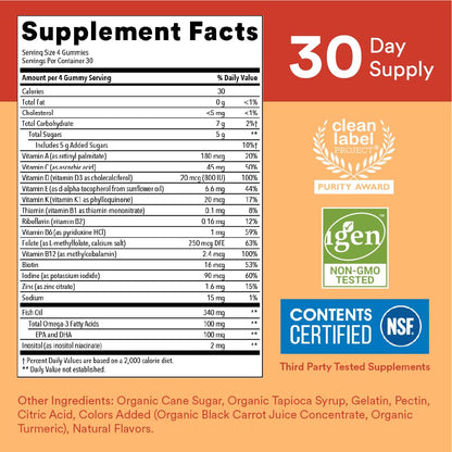 SmartyPants Kids Multivitamin Gummies - Improved Formula: Omega 3 (DHA/EPA), Vitamins D3, C, B12, B6, Vitamin A, K & Zinc, Gluten Free, Three Fruit Flavors, 60 Count (30 Day Supply)
