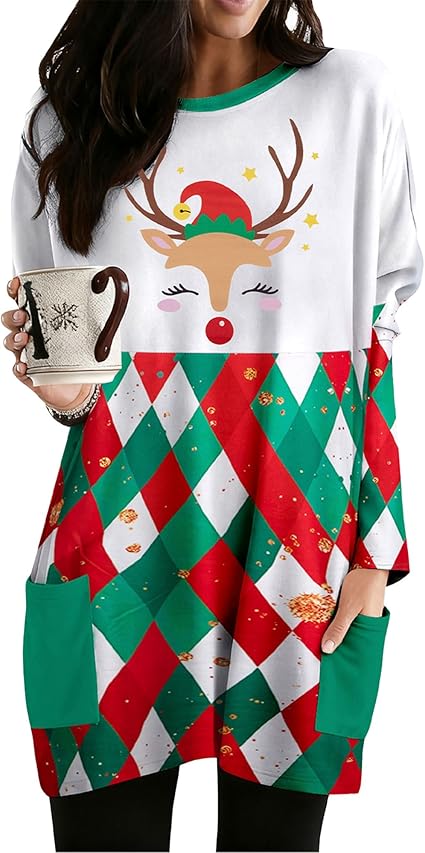 MOUSYA Women Dress Shirt Christmas Long Sleeve Tops Santa Printed Pullover Loose Plus Size T-Shirt Blouse with Pockets nirvanaguru