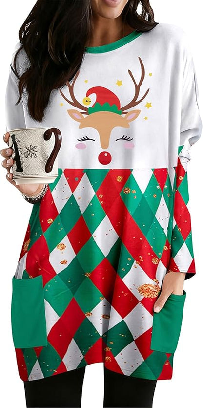 MOUSYA Women Dress Shirt Christmas Long Sleeve Tops Santa Printed Pullover Loose Plus Size T-Shirt Blouse with Pockets nirvanaguru