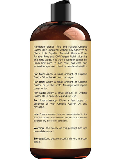 Handcraft Blends Organic Castor Oil - 16 Fl Oz - 100% Pure and Natural - Premium Grade Carrier Oil for Hair Growth, Eyelashes and Eyebrows - Hair and Body - Expeller-Pressed & Hexane-Free
