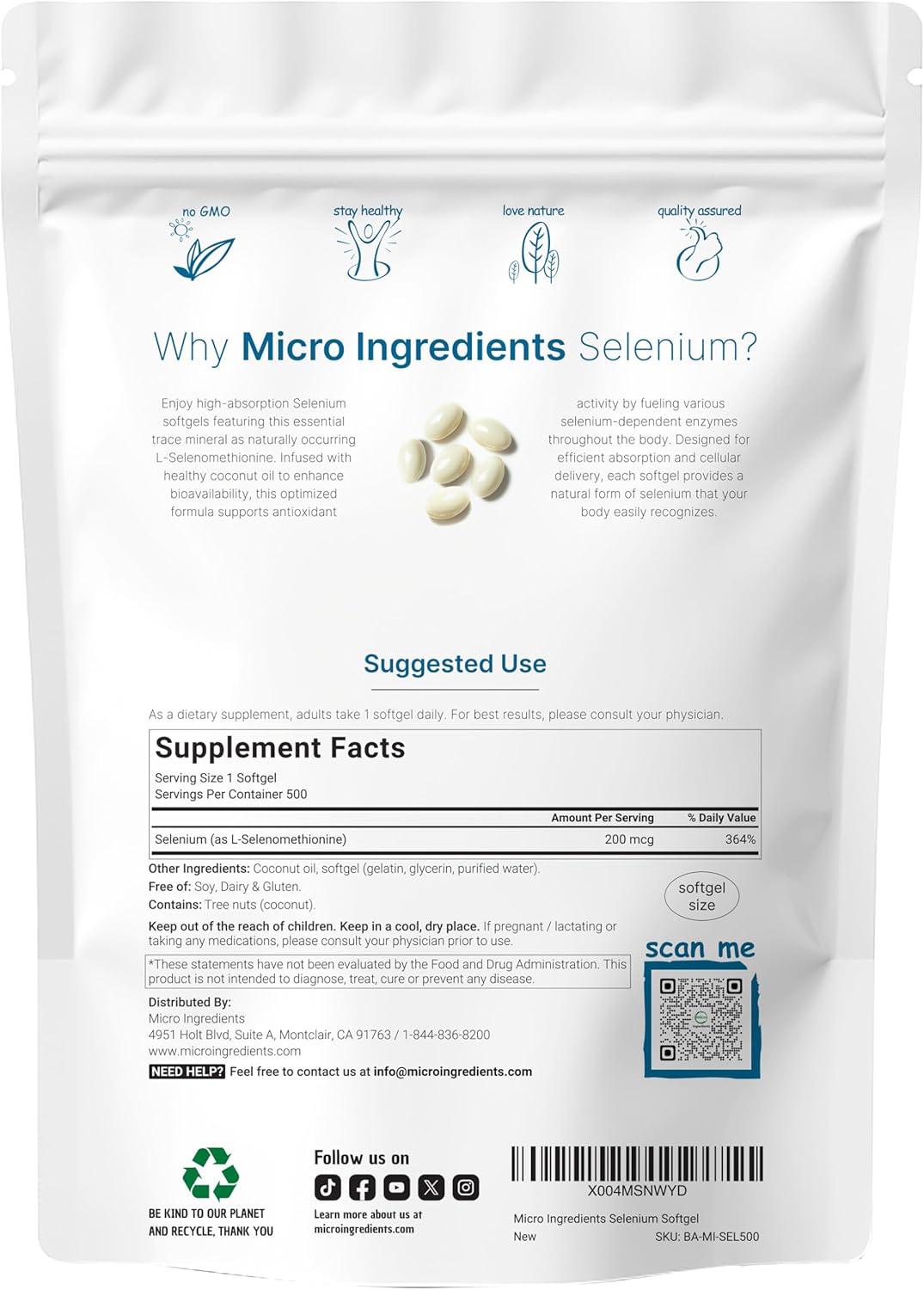 Selenium Supplement 200mcg, 500 Softgels with Coconut Oil | High Absorption | Essential Trace Mineral as L-Selenomethionine | Antioxidant for Energy, Heart, & Immune Support | Non-GMO, Gluten Free Nirvana Guru