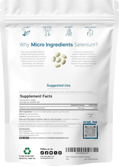 Selenium Supplement 200mcg, 500 Softgels with Coconut Oil | High Absorption | Essential Trace Mineral as L-Selenomethionine | Antioxidant for Energy, Heart, & Immune Support | Non-GMO, Gluten Free Nirvana Guru