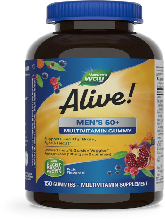 Nature's Way Alive! Men’s 50+ Daily Gummy Multivitamins, Supports Healthy Brain, Eyes, Heart*, B-Vitamins, Gluten-Free, Vegetarian, Fruit Flavored, 60 Gummies (Packaging May Vary) - Nirvana Guru