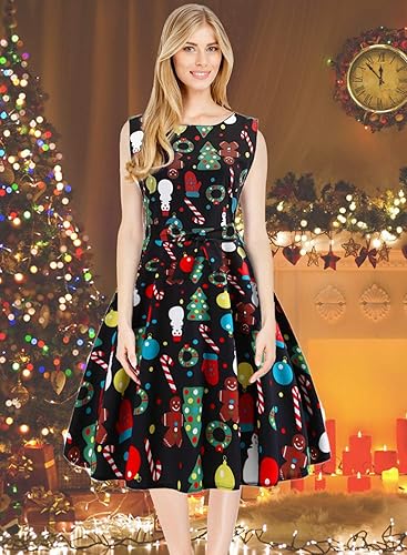 Christmas Dresses for Women Vintage Sleeveless Cocktail Dress Christmas Tree Santa Snow Printed Xmas Party Swing Dress nirvanaguru