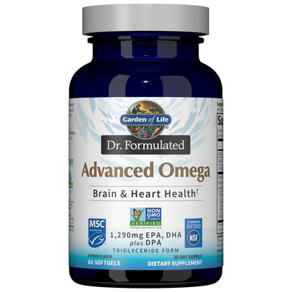 Garden of Life Dr. Formulated Advanced Omega Fish Oil - Lemon, 1,290mg EPA, DHA + DPA in Triglyceride Form, Single Source Omega 3 Supplement for Ultimate Brain & Heart Health, Non-GMO, 180 Softgels - Nirvana Guru