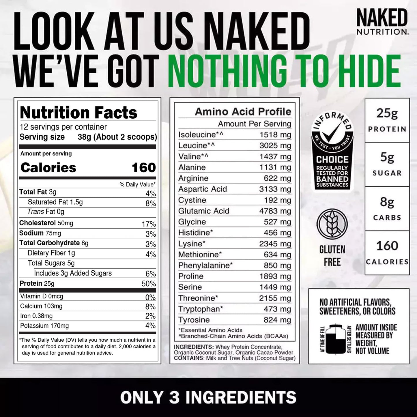 NAKED Whey Vanilla Protein Powder - Only 3 Ingredients - Grass Fed Whey Protein Powder, Vanilla Flavor, and Organic Coconut Sugar, No GMO, No Soy, and Gluten Free - 24 Servings