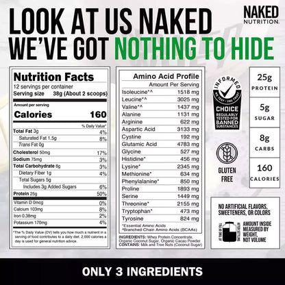 NAKED Whey Vanilla Protein Powder - Only 3 Ingredients - Grass Fed Whey Protein Powder, Vanilla Flavor, and Organic Coconut Sugar, No GMO, No Soy, and Gluten Free - 24 Servings