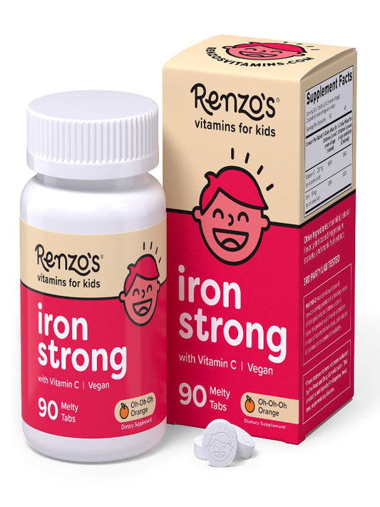 Renzo's Iron Supplements for Kids, Dissolvable Vegan Iron Supplement with Vitamin C, Sugar Free, Oh-Oh-Oh Orange Flavor, 90 Melty Tabs Nirvana Guru